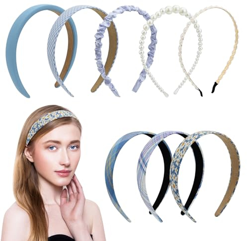 Bekecidi 8 Teiliges Stirnbänder Set, Modischer Stil Blumen Haarreifen, Perlen Kopfband Kariertes Stirnband, Outdoor Haarschmuck für Frauen und Mädchen (blau)