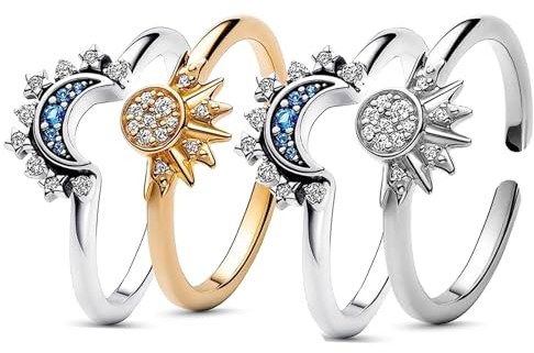 Uwiyo Sonne Mond Ringe Set, Verstellbar Gold Silber Frauen Ringe, Matching Freundschaftsringe, Damenring Dupes Schmuck Geschenk für Frauen (2 Paare Gold+Silber)