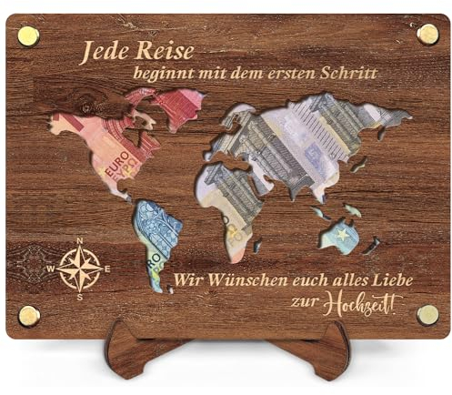 QHHENTOO Geldgeschenk Reise - Geldgeschenk aus Holz inkl. Ständer - Reise Geld Geschenk - Weltkarte Urlaub Geschenk - Reisekasse Urlaubskasse Deko