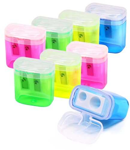 ForTomorrow Manueller Bleistiftspitzer für Kinder, 8 Stück, klein, farbig, Handheld, Doppelloch, Bleistiftspitzer mit Deckel, für Schule, Klassenzimmer, Zuhause, Büro