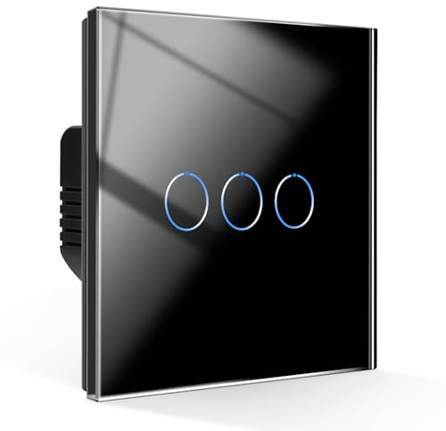 CNBINGO Interruptor de luz táctil, interruptor de luz de cristal, empotrable, 3 vías, interruptor de pared de 2 vías, con marco de cristal, interruptor táctil de 86 mm, negro, 1 unidad