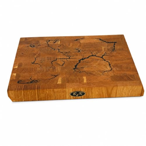 B4K® Hackblock aus Eiche 35x25x4 cm | Lichtenberg-Blitze Design | Premium Hirnholzbrett mit Griffen | Handgefertigtes Schneidebrett | Antibakteriell & Messerschonend