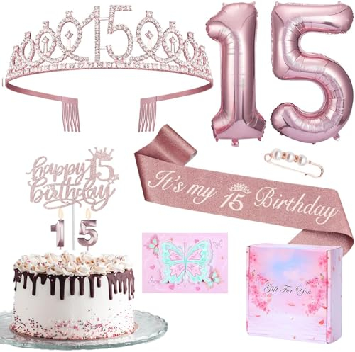15 Geburtstag Mädchen Deko, 15. Geburtstagskrone und Schärpe, Tortendeko und Kerzen, Roségold Folienballon 15, 15. Geschenk für Mädchen zum Geburtstag Party Deko Supplies