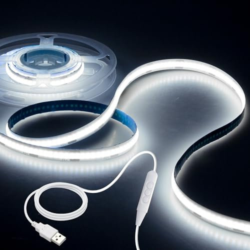 Aclorol USB COB LED Strip Light 1M Dimmable LED TV Backlight High Density Cold White Flexible Rope Light with 1.5M USB Powered for Under Cabinet Wardrobe Bed Lighting 320LEDs/M CRI85+ 6000K