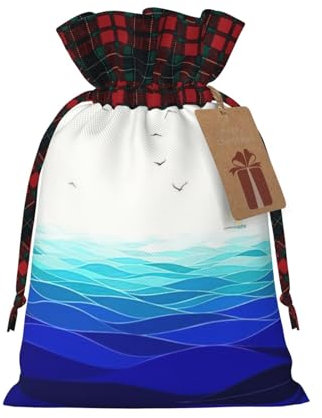 Ocean Waves barca a vela con uccelli marittimi 1 pz sacchetto regalo di Natale con coulisse 11,9 x 17,5 cm, per dare regali alle feste di vacanza imballaggio