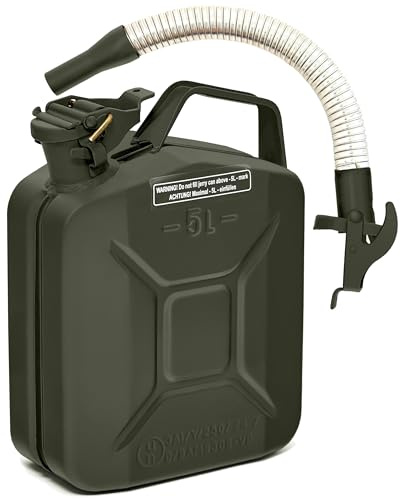 BW® Benzinkanister Metall 5 Liter mit Ausgießer - Kraftstoffkanister Bronzegrün - RAL 6031-F9 - TÜV-geprüft und UN-Zulassung - 0,8mm Stahl nach DIN 7274 - Made in Europe