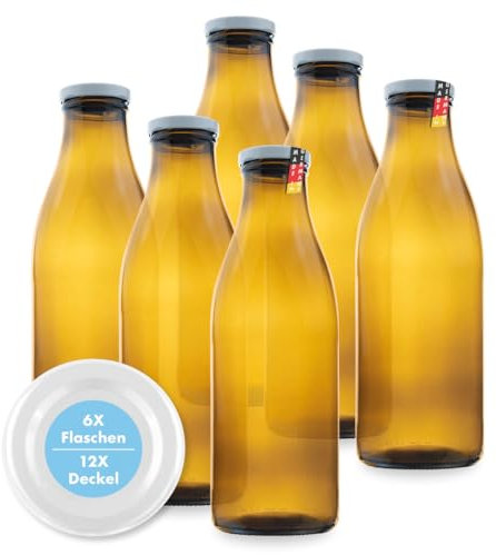FLASCHENBAUER – Milchflaschen 1 Liter – 6x Glasflaschen 1 Liter – Twist-Off-Deckeln + Ersatz TO48 – Saftflasche, Smoothie Flasche & Weithalsflasche – Robust, temperaturbeständig [Braune-Flasche]