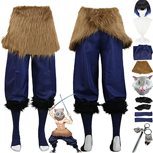 bbganlian Anime Demon Slayer Hashibira Inosuke Cosplay Kostüm Outfit Rollenspiel Uniform Komplettes Set Halloween Party Karneval Dress Up Anzug mit Perücke Maske für Männer