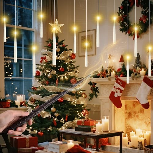 KUWUNG 12 Pcs Floating Candles with Wand Remote, LED Hanging Candles Battery Operated, Flickering LED Taper Candle Lights for Halloween, Christmas Decor