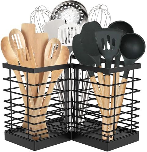 Suli Extra Large Kitchen Utensil Holder with 3 Compartments, Black | Metal Corner Kitchen Caddy for Kitchen Countertop, Rustic Farmhouse Decor, Utensil Organiser for Knives Forks