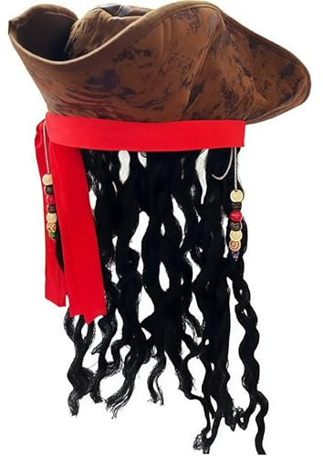 Dirty Jack Piratenhut mit Perücke, Dreispitz Herren Braun, Piraten Perücke für Halloween Fasching Karneval Cosplay Kostüm Zubehör