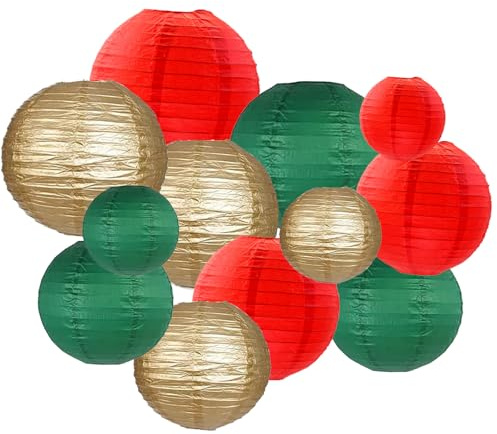 ZYOOO 12 Stück Grün Rot Gold Papierlaterne Lampion rund Lampenschirm(Set 3 Farben à 25cm, 20cm,15cm) Lampions Hochzeit,Weihnachten,Geburtstagsparty,Gartenparty Deko