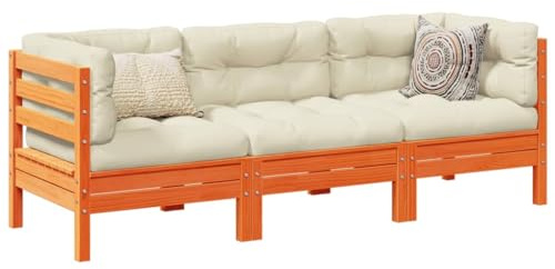 Qnhdfrt Garten Sofa Set 3 teilig aus massivem Kiefernholz mit cremefarbenen Kissen Outdoor Sitzgruppe für Terrasse Garten und Balkon
