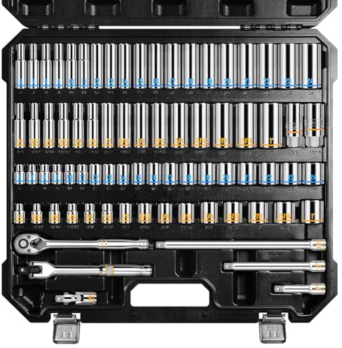 Boen 3/8-Inch Drive Socket Wrench Set, 76-Piece Metric (6-24mm) & SAE (1/4 to 1), Deep & Shallow Kit with Embossed & Painted Markings, Ratchet Handle, Spark Plug Sockets, Breaker Bar