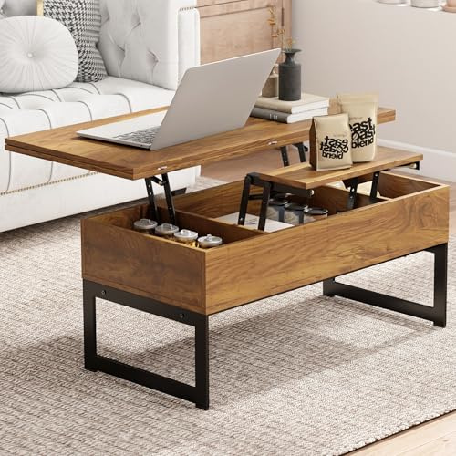 Table Basse Relevable, Tables Basse Extensible Multifonctionnelle 4 en 1 pour Salon, avec 3 Cases de Rangement Cachées, Table Basse Convertible Manger (Pied métallique, Marron)