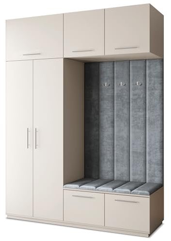 Masseno Flugarderoben Set Rema, Kleiderschrank-Set mit Sitzbank, Garderobenschrank Flur mit 5 Regalböden, Kaschmir