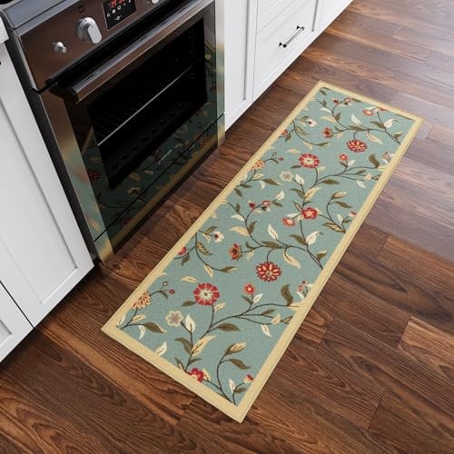 Ottomanson Tapis de Couloir Collection Ottohome Dos en Caoutchouc Motif feuilles Style Contemporain 50 cm x 150 cm Vert Ecume