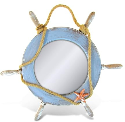 Puzzled COTA Global Pacific Mirror Boat Wheel Nautical Decor - Nautical Themed Wood Mirror, Beach Decor for Wall, Novelty Blue Boat Wheel Mirror with Rope and Starfish Wooden Figure