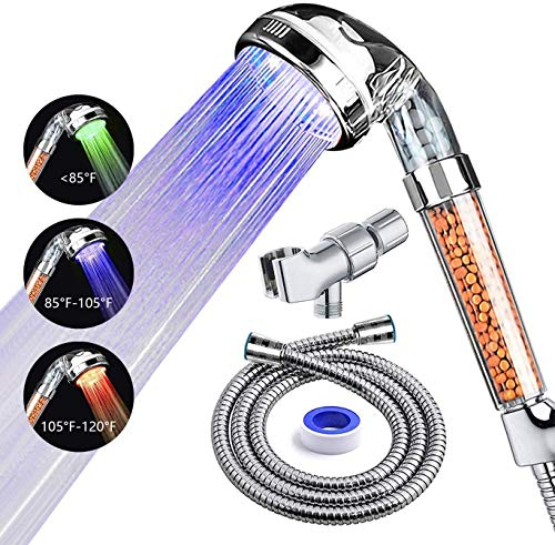 Prugna LED Shower Head with Hose and Shower Arm Bracket, High-Pressure Filter Handheld Shower for Repair Dry Skin and Hair Loss - Color Changes with Water Temperature