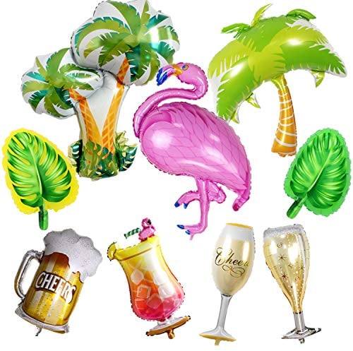 Zhiheng 9pcs Assorted Flamingo Palm Tree Coconut Tree Beer Bottle Champagne Cup Foil Balloons Inflatable Helium Valentines Wedding Hen Party Hawaii Party Decor Birthday Party Decoration Supplies