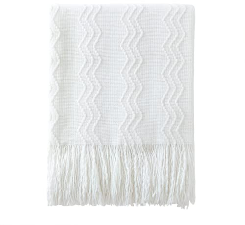 BOURINA Knitted Textured Throw Soft Sofa Blanket White 152x203cm | Soft textured solid knit fabric, decorative home throw, multi-use for sofa couch bed, lightweight warm, neutral home decor