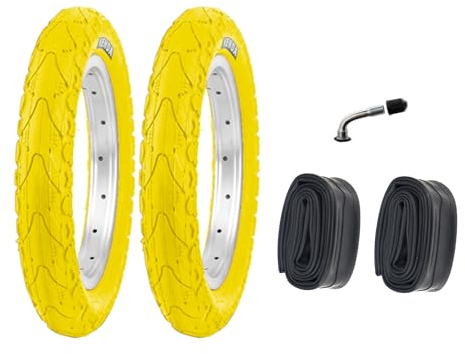 P4B | 2X 12 Zoll Kinderreifen (62-203) | 12 1/2 x 2 1/4 | Laufradreifen mit Breiten Mittelsteg für mehr Stabilität beim Fahren | Ohne Felgen!! (K) Gelb mit AV Schläuchen
