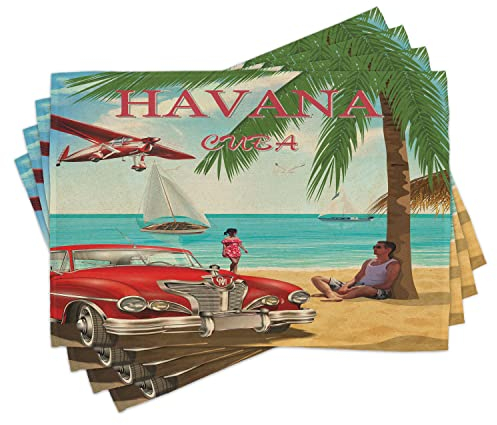 ABAKUHAUS Reise Platzmatten, Retro Havana Kuba Auto Strand, Waschbare Stoff Esszimmer Küche Tischdekorations Digitaldruck, Rubin Seafoam