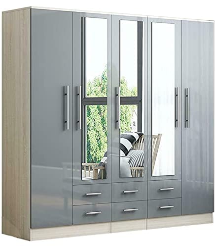 Unique Furnishings GREY High Gloss Large Wardrobe - 5 Door 6 Drawers & 3 Mirrors
