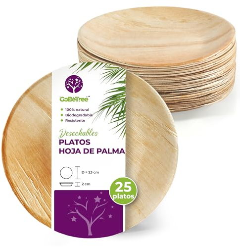 GoBeTree Platos Desechables de Hoja de Palma 25 Platos Redondos de 23 cm. Vajilla para barbacoas, picnic y Fiesta de cumpleaños, Similar al bambú, más fuerte que platos de papel