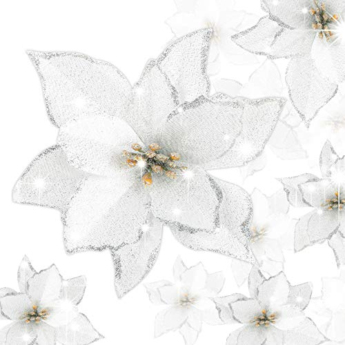 UFLF 18 STK Weihnachten Blumen Glitzer Künstlich Weihnachtsblumen Weihnachtsschmuck für Weihnachtsbaum Weihnachtskranz DIY Basteln Weihnachtsdeko Homedeko
