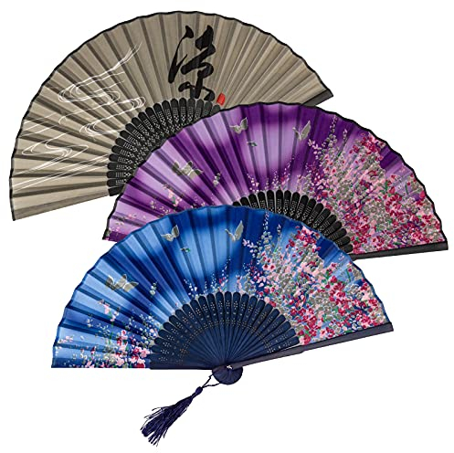 KIMI-HOSI 3 Stück Handfächer Hand Folding Fans Bambus Handheld Faltfächer Chinesische Folding Fans mit Quaste für Geschenke Wanddekoration Party Tanzabend Schwarz Blau Lila