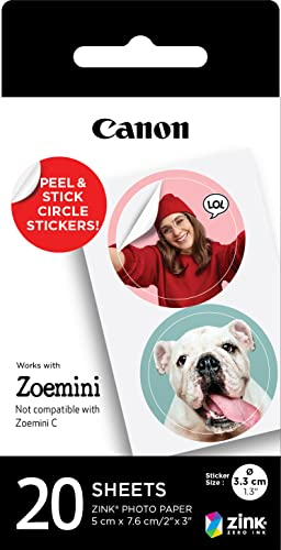Canon Zink™ Pegatinas Fotográficas Circulares Precortadas (20 Hojas) - Imprime Fotos desde tu Móvil para Pegatinas Personalizadas