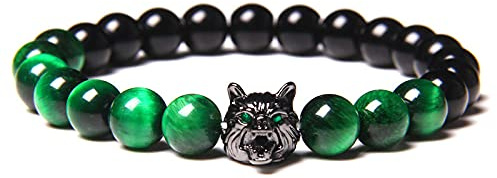 QYAQ Damen Naturstein Armband,Frauen Natürliches Edelsteinarmband Obsidian Und Grünes Tigerauge Steinperlen Beaded Black Wolf Head Armreif 7 Chakra Schmuck Yoga Geschenk Für Freundin Mama