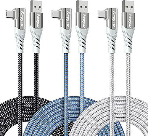 Fasgear USB C 90 Degree Cable: Right Angle Type C Fast Charging Cord Compatible with Sam-sung Galaxy S24 S10 plus S9 S8 A51 | Hua-wei P30 P20 (10ft, Black/Blue/White)