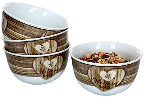 Ritzenhoff & Breker 4er Set Herz Chalet Müslischalen I Holz-Optik I 4 Personen I Ø 14 cm I Porzellan I Schälchen, Bowl I Schüssel für Müsli, Salat, Dessert & Co. I