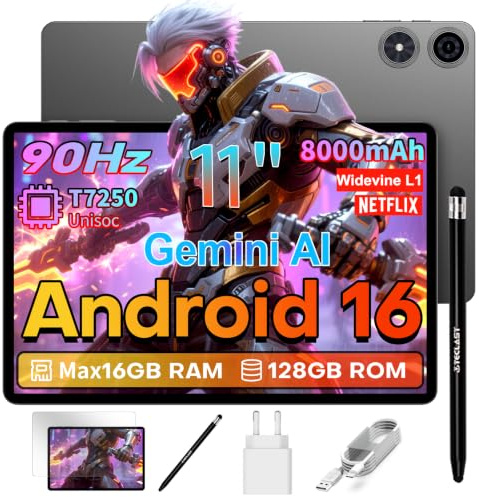 TECLAST P50T Android 16 Tablet 11 Pollici Gemini AI, 90Hz Display, T7250 2GHz Octa Core Gaming Tablets, 16GB RAM+128GB ROM(5TB TF), 8000mAh, Widevine L1, 5G WiFi 6, GPS/13MP/OTG, 2026 Tablet Con Penna