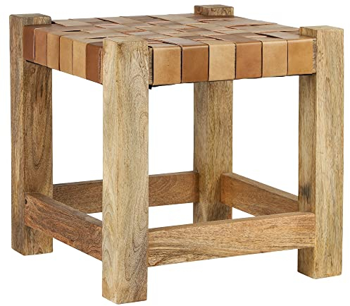 WOMO-DESIGN Sitzhocker 45x45 cm aus geflochtenem Echtleder und Mangoholz massiv, Braun, Unikat, Handgefertigter Holzhocker, Eckiger Barhocker, Retro Lederhocker, Massivholz Hocker, Fußhocker Holzstuhl