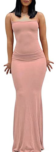 Robe longue sans manches à bretelles spaghetti pour femme - Couleur unie, rose clair, S
