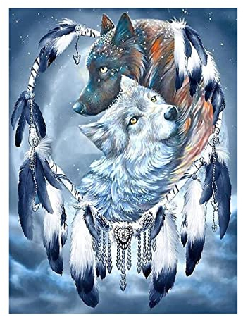 DAERLE Diamond Painting Set,Diamond Painting Wolf 5D Diamant Painting Bilder Erwachsene Kinder DIY Diamant Malen nach Zahlen, für Wohnzimmer Schlafzimmer Büro Wand Dekoration 30x40cm Traumfänger