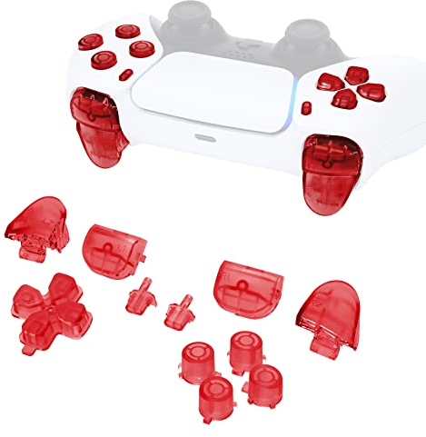 eXtremeRate Botones para ps5 Mando Teclas de Repuesto para ps5 Botón de D-Pad R1 L1 R2 L2 Gatillos Share Options Acción Botones Completos para ps5 Control BDM-010 BDM-020 Modelo(Transparente Rojo)