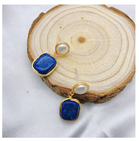 Ghxiag Natürliche barocke Perle-Ohrringe handgefertigte Lapislazuli-Ohrringe Ohrstecker 925 Sterling Silber