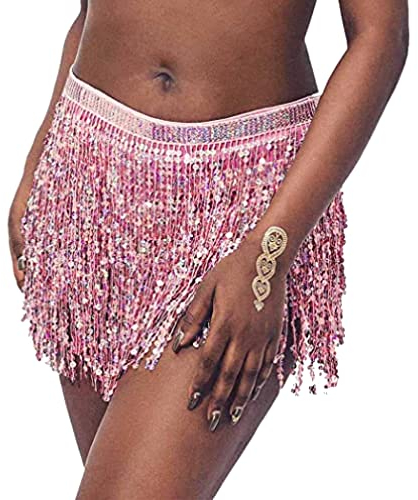 Bauchtanz Quaste Fransenrock Sexy Pailletten Rock Outfit Rave Rock Hüfttuch Kostüme Hip Glitzer Rock Franse Rock Glitzer Rock Karneval Kostüm (Einheitsgröße,Rosa)