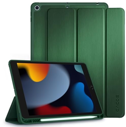CACOE Case Compatible with iPad 9th /8th /7th Generation 2021 2020 2019, 10.2 Inch Case with Pencil Holder, Soft TPU Back Cover Auto Wake/Sleep, Dark Green