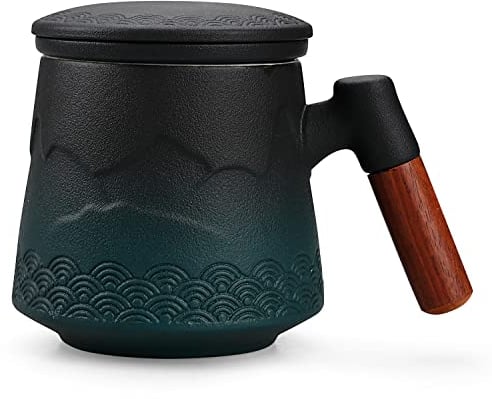 NCQIXIAO Tea Cup with Infuser and Lid, Gradual Mountain and Spray Tea Mug Cups with Infuser, Wood Handle Ceramic Coffee Mug with Lid Tea 430ml/14.50 OZ (Gradient Green)