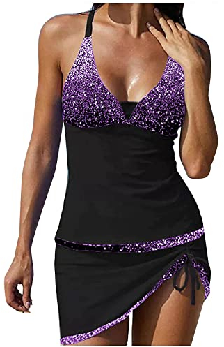callmo Badeanzug Damen Bauchweg, Frauen Pailletten Patchwork Bademode Strand Push Up Bikini Set Badeanzug Damen Zweiteilige Strandkleidung Neckholder Triangel Oberteil Bikinihose S M L