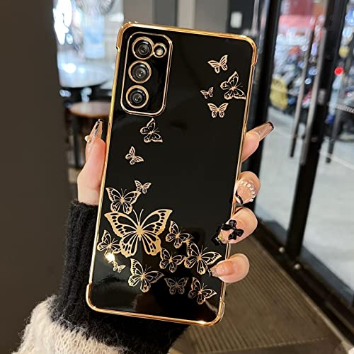 ZTOFERA Hülle für Samsung S20 FE 5G, Vergoldet Schmetterling Muster Etui mit Goldene Kante, Flexible TPU Anti-Kratzer Stoßfest Schutzhülle für Samsung Galaxy S20 FE - Schwarz