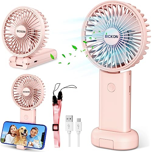 BICKON Mini Ventilator, Handventilator Tragbarer mit 3 Windgeschwindigkeit, Faltbarer Leise, 3600mAh Akku USB Telefonhalter, Handventilatoren für Reisen, Zuhause, Büro, Innen, Draußen, Rosa