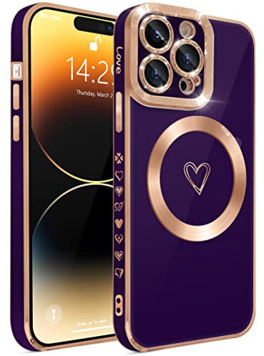 ECZOIL Compatible with iPhone 14 Pro Max Case MagSafe,Full Camera Lens Protection Luxury Electroplated Cute Heart Magnetic Case for iPhone 14 Pro Max for Women Girls-Deep Purple