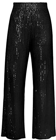 RTGSE Damen Pailletten Weitbeinhosen funkelnd glänzende elastische Taille Lose Fit Hosen Glitzer Glockenboden Leggings 90er Streetwear (Black A, M)