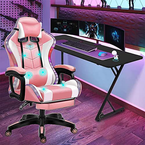 Silla gaming con luces LED y altavoces Silla de carreras de computadora con reposapiés y soporte lumbar Silla de oficina ergonómica RGB High Back con reposacabezas,Rosado